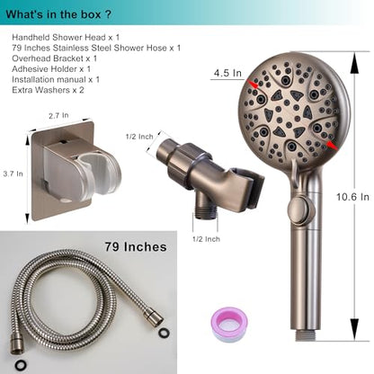 GwernKB Brushed Nickel Shower Heads Handheld with On Off Switch,8-Mode High Pressure Shower Wand with 79In Stainless Steel Hose&Bracket PLUS Low-Reach Adhesive Wall Mount Holder for Kids&Elderly - color: Brushed Nickel