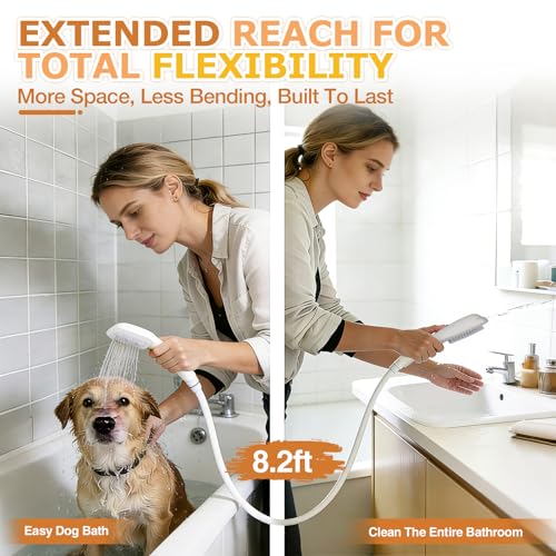 Jamini Dog Shower Attachment, Handheld High-Pressure Sprayer with Brush for Fast and Easy Indoor/Outdoor Dog Bathing, 4 Modes, 8.2ft Hose, G1/2" Brass Shower Diverter