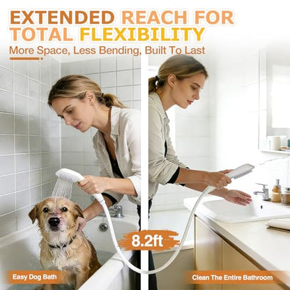 Jamini Dog Shower Attachment, Handheld High-Pressure Sprayer with Brush for Fast and Easy Indoor/Outdoor Dog Bathing, 4 Modes, 8.2ft Hose, G1/2" Brass Shower Diverter