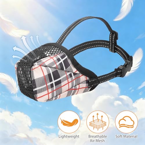 KOOLTAIL Dog Muzzle, Soft Muzzle for Small Medium Large Sized Dogs to Anti & Prevent Barking Grooming Biting, Reflective Adjustable Air Mesh Basket Muzzles, Allows Panting and Drinking, Beige Plaid S - color: Beige Plaid, size: Small