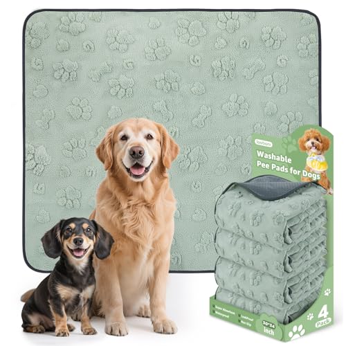 LOOBANI Washable Pee Pads for Dogs: 4 Pack Super Absorbent Reusable Puppy Pads, Leakproof and Waterproof Dog Training Pads Whelping Pads for Potty, Floor, Crate, Couch, Bed and Travel, 30"x34" - color: Green Dog Element, size: 30"x34"(Pack of 4)