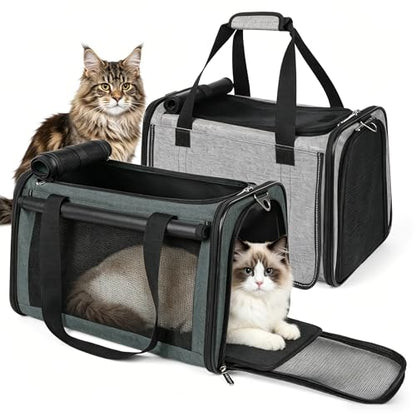 YUDODO 2 Packs 25 lbs Lightproof Soft Sided Pet Carrier for Large Cat & Small Dog Airline Approved Travel Puppy Carriers with Side Pockets & Reflective Mesh, Foldable Portable for Car Grey Green+Grey - color: 2 Pack(Grey*1+Grey green*1)