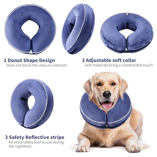 Inflatable Reflective Dog Cone Collar Alternative After Surgery,Doggie Recovery Dount Neck Ecollar,Adjustable Soft Dog Cone Collar for Small Medium Large Dogs (Blue, XXL) - color: Blue, size: XX-Large（18.5"-22.5"）