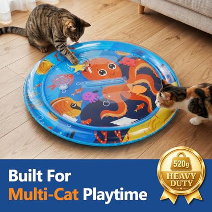 Thickened Cat Sensory Water Play Mat, Interactive Aqua Cats Water Mat with Floating Fish and 2 Balls for Cats & Dogs, Indoor Pet Water Bed Play Mat - color: Round