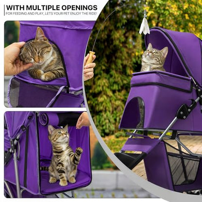 MoNiBloom 3 Wheels Pet Dog Cat Stroller for Small Medium Dogs Cats, Lightweight Foldable Jogger Stroller w/Storage Basket and Cup Holder, Purple - color: Purple