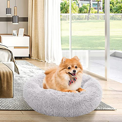 NOYAL Calming Dog Bed Donut Anti Anxiety Fluffy Dog Bed for Small Medium Dog and Cat - color: Light gray, size: Large 27.5''