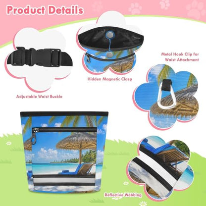 Beach Water-Resistant Dog Treat Pouch, 3 Ways to Wear Treat Bag with Magnetic Closure & Reflective Strip, Hands-Free for Pet Training, Walking