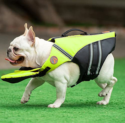 Dog Life Jacket, French Bulldog Life Vest for Swimming Boating, Dog Swim Vest with Chin Float and Rescue Handle, High Flotation Puppy Life Jackets (Chest Girth: 17" to 30", Weight: 17" to 28" LB) - color: Fluorescent green