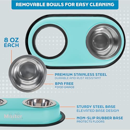 Master Pet Supply Double Dog Bowls Set with Elevated Base and 2 (8 oz) Stainless Steel Removable Dishes (Aqua Sky) – Double Cat Food Water Bowl, Dog Puppy Food Bowl Set, Rust Resistant - color: Aqua Sky