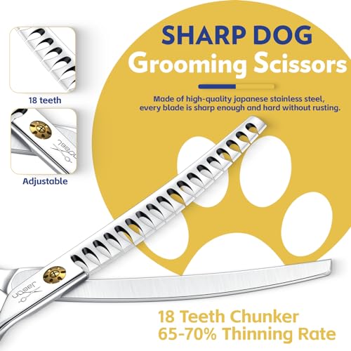 JASON Dog Scissors for Grooming - 7" Up-curved Chunker Shears with 65%-70% Thinning Rate, Professional Japanese 440C Stainless Steel Dog Grooming Chunkers with Adjustable Screw (18 Teeth, Silver) Gift - style: Up-curved Chunkers02