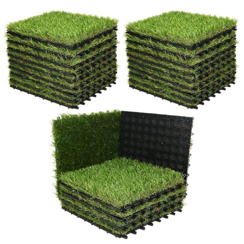 Self Draining Interlocking Grass Tiles 12x12inch Artificial Turf Squares Fake Grass for Patio Balcony Outdoor Flooring Dog Potty Mat Indoor Deck Green 9pcs - size: 9pcs