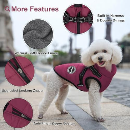 Dog Winter Coat, Warm Dog Jacket Reflective Adjustable Fleece Vest with Harness Built in, Windproof Pet Snow Jacket Snowsuit with Zipper for Small Medium Dogs, Purple XS - color: Purple, size: X-Small