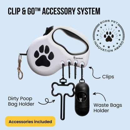 Award-Winning Retractable Dog Leash for Small and Medium Dogs (Max 55 lbs), Clip & Go System with Reflective Tape and Ergonomic Handle, Includes Clips, Poop Bag Holder and Dispenser, White - color: White, size: S/M - Up to 55 Lbs