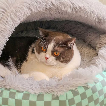 ound Hooded Cat Bed and Dog Bed with Covered Cave, Cat Bed for Small Dogs, Faux Fur Cuddle Pillow Round Recessed Cat Bed, Automatic Warming Donut Cat Bed (Gray) - color: gray