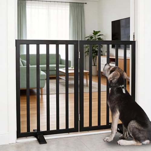 ZJSF Freestanding Indoor Dog Gate for House Foldable Wood Puppy Gate for Doorways Pet Gate for Stairs Extra Wide Pet Fence, Black, 32" Height 2 Panels - color: Black, size: 【2 Panels】40''w x 32''h