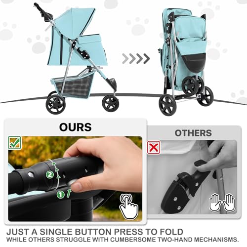 MoNiBloom 3 Wheels Pet Dog Cat Stroller for Small Medium Dogs Cats, Lightweight Foldable Jogger Stroller w/Storage Basket and Cup Holder, Mint Green - color: Mint Green
