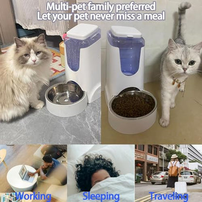Hamiledyi Pets Automatic Gravity Feeder Dogs 2.8L Food & 4L Water Dispenser Set with Stainless Steel Bowl for Medium Big Dog Cat (White) - color: White
