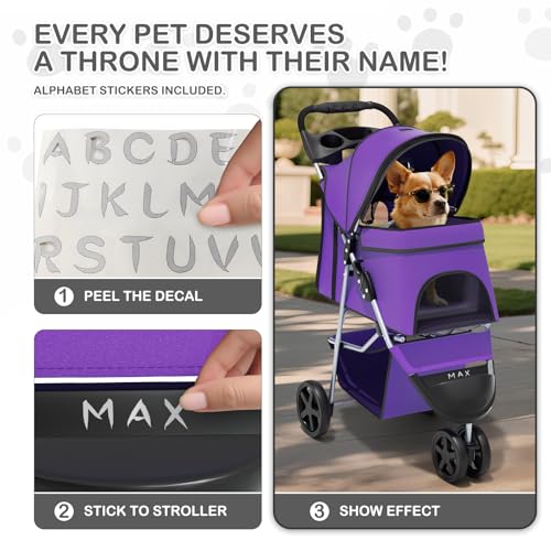 MoNiBloom 3 Wheels Pet Dog Cat Stroller for Small Medium Dogs Cats, Lightweight Foldable Jogger Stroller w/Storage Basket and Cup Holder, Purple - color: Purple