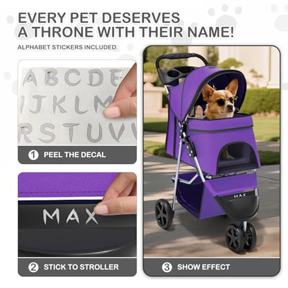 MoNiBloom 3 Wheels Pet Dog Cat Stroller for Small Medium Dogs Cats, Lightweight Foldable Jogger Stroller w/Storage Basket and Cup Holder, Purple - color: Purple