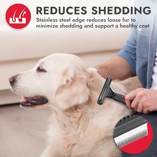 KONG Double-Sided Rake & Deshedding Tool – Detangling & Shedding Control, Rounded Metal Tips, Non-Slip Grip, for Medium to Large Dogs with Medium to Long Coats, Red/Gray - size: Medium Double-Sided Rake