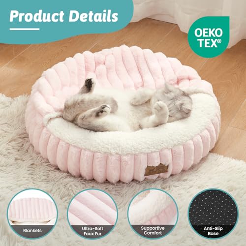 Cat Bed with Hooded Blanket, Round Fluffy Anti-Anxiety Pet Bed for Cats/Small Dogs, Cozy Donut Cuddler with Machine Washable Faux Fur & Anti-Slip Bottom(23"×23"×6",Pink) - color: Pink, size: 23"×23"×6"