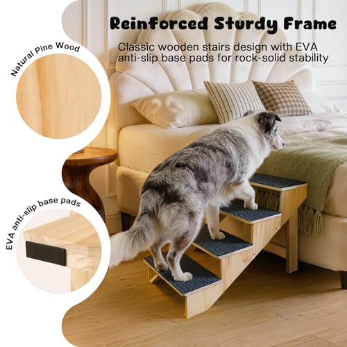 4-Step Dog Stairs for Large Dogs, Solid Wooden Dog Steps for Beds/Couch with Carpet, 24 Inches Anti-Slip Pet Stairs for High Beds, Ramp for Older/Senior Dogs, Pet Bed Stairs to Get on Bed/Sofa - size: 4-Step