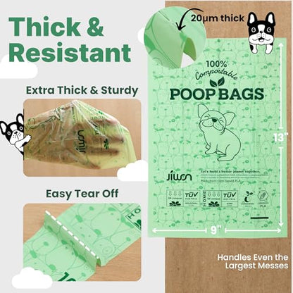 JIWON 100% Certified Home Compostable Dog Poop Bags, 120 Count (8 Rolls), 9"x13", OK Compost & Seedling, Thick & Leakproof, Plant Based Compostable Waste Bags, Unscented - style: 120 Bags