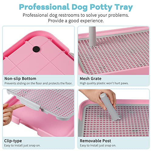 Dog Potty Tray Toilet 20"x14" Doggy Bathroom Dog Litter Box, Indoor Pee Pad Holder with 8pcs Training Pads, Puppy Pee Mesh Potty Training Tray with Secure Latch, Potty Pan for Small Medium Puppies - color: Pink