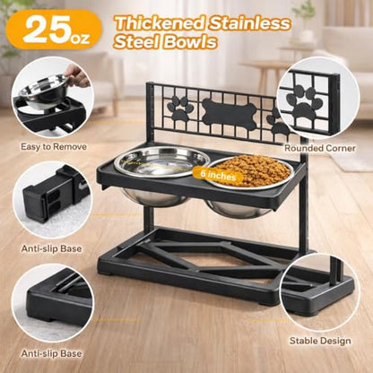 Elevated Dog Bowls Raised Pet Feeder Adjustable Dog Bowl Stand with Stainless Steel Bowls and ABS Frame, Double Dog Feeding Station with Paw Print Bone Decor for Medium Large Dogs