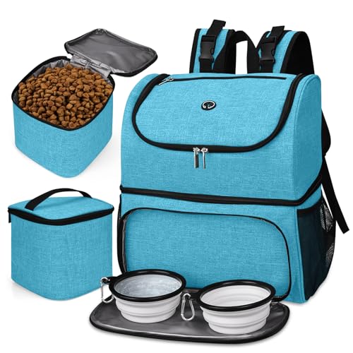 BAGLHER Pet Travel Bag, Double-Layer Pet Supplies Backpack (for All Pet Travel Supplies), Pet Travel Backpack with 2 Silicone Collapsible Bowls and 2 Food Baskets Sky Blue - color: Sky Blue