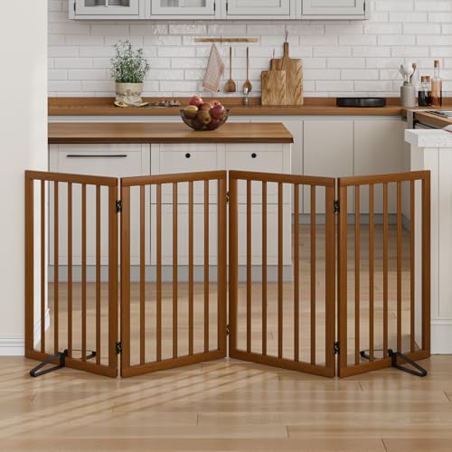 Dog Gate 32" Tall Foldable Dog Gate for Doorways Freestanding Pet Gate for Dogs Indoor (Walnut, 4 Panel) - color: Walnut, size: 32inches Tall-4 Panels