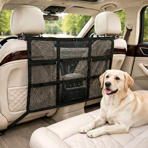 Loscarol Dog Car Barrier, Rear-Seat Divider Net with 3 Zipper Storage Bag, Drill-Free Install Abrasion-Resistant Mesh to Block Front Seats, Vehicle Safety Partition for SUV & Truck