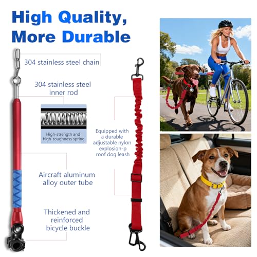 Bicycle Dog Leash for Riding, Hands Free 150° Rotating Built-in Shock Absorber Bike Retractable Leashes for Cycling, Elastic Nylon Adjusted Car Holder Seat Belt Rope (Red) - color: Red