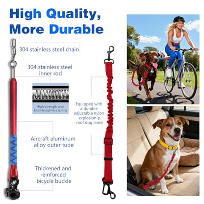 Bicycle Dog Leash for Riding, Hands Free 150° Rotating Built-in Shock Absorber Bike Retractable Leashes for Cycling, Elastic Nylon Adjusted Car Holder Seat Belt Rope (Red) - color: Red