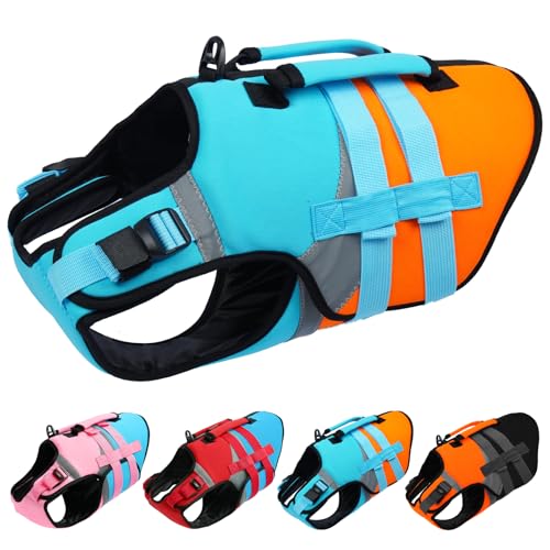 Kuoser Dog Life Jacket with Rescue Handle, High Flotation Dogs Swim Vest with Reflective Strips,Adjustable Dog Life Vest for Swimming, Boating, Pool&Beach, Doggy Lifejacket for Small Medium Large Dogs - color: Blue, size: X-large (Chest Girth:25.9-33.4'')