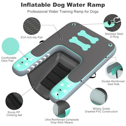 Inflatable Dog Boat Ramp for Dogs Up to 240 lbs, Inflatable Dock Floating Platform with Anti-Slip EVA Foam Safe & Easy Water Access, Dog Ramp for Boat, Pools, Lakes, Boats, Docks, Green - color: Green