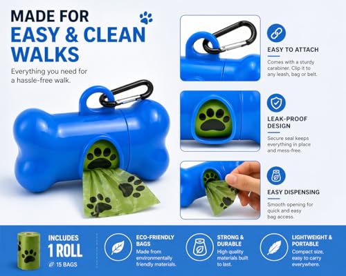 Dog Poop Bag Dispenser with Leash Clip, Portable & Leak-Proof Waste Bag Holder for Dogs, Durable Lightweight Design, Easy Pull Opening, Includes 1 Roll, Ideal for Walking & Travel.