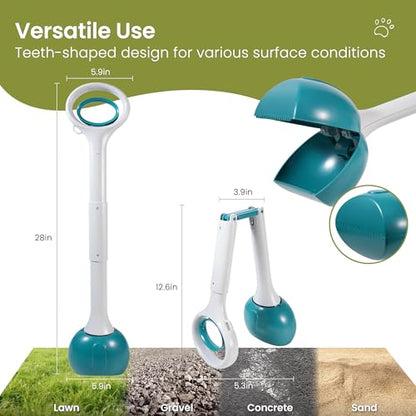 Dog Pooper Scooper Portable with Bag Attachment, One Handed Foldable Design, Includes 120 Waste Bags and Dispenser, 28 Inch Handle for Grass Yard Gravel Cleanup (Green) - color: 28in + Green + 120 garbage bags + dispenser