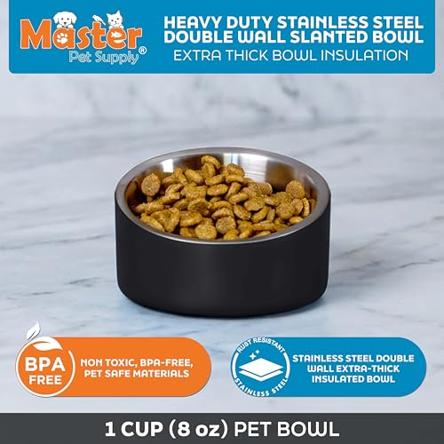 Master Pet Supply Stainless Steel Slanted Dog Cat Food Bowl - 8 oz Heavy Duty - Black Velvet, Double Wall Insulated, Non-Slip Elevated Bowl for French Bulldogs Pugs Cats, Anti Rust Dishwasher Safe - color: Black Velvet, size: 1 Cup (8 oz)