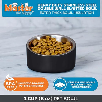Master Pet Supply Stainless Steel Slanted Dog Cat Food Bowl - 8 oz Heavy Duty - Black Velvet, Double Wall Insulated, Non-Slip Elevated Bowl for French Bulldogs Pugs Cats, Anti Rust Dishwasher Safe - color: Black Velvet, size: 1 Cup (8 oz)
