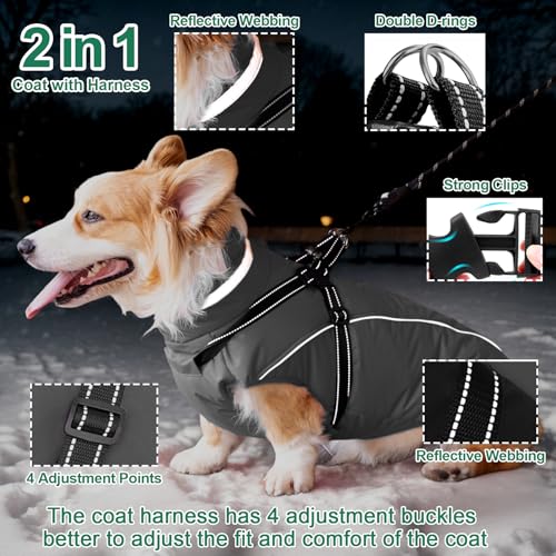 Fragralley Dog Coat with Harness Built in, Waterproof Windproof Reflective Warm Puffer Jacket, Fleece Lined Vest Winter Parka for Small, Medium, Large Dogs - color: Grey, size: Small
