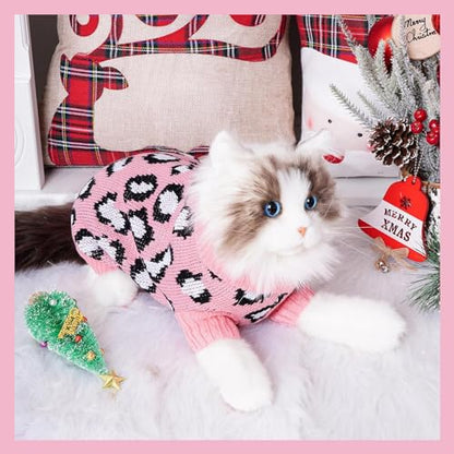 Leopard Knit Sweaters for Small Dogs, Pink Turtleneck Pullover for Pet, Puppies Cats Winter Sweater for Valentines Day Holiday - size: M ( Back 14'', Chest 13 '' )