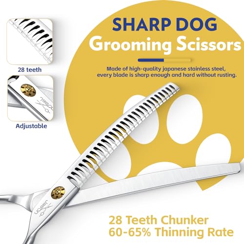 JASON 7" Dog Grooming Shears - Professional Down-curved Chunker Shears with 60%-65% Thinning Rate, Japanese 440C Stainless Steel Dog Grooming Chunkers with Adjustable Screw (28 Teeth, Silver) Gift - style: Down-curved Chunker