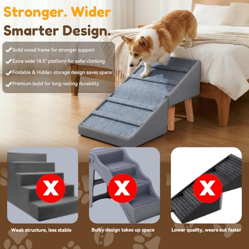 Dog Ramp for Small Dogs, 18.5" Extra Wide 3-in-1 Dog Stair with Foldable Ottoman & Hidden Storage Design, 15.7" H Safer Leather Pet Steps for Couch Sofa (Grey) - color: Grey