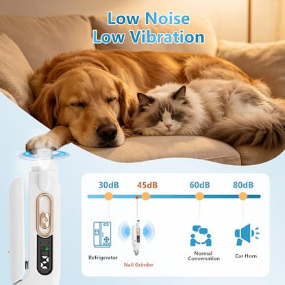 2-in-1 Dog Nail Grinder & Clipper - Quiet Electric Trimmer with Light, 2 Speeds, Rechargeable for Small Medium Large Dogs & Cats | Splash Guard & Safety Lock, Painless Grooming Tool
