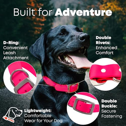 Regal Dog Products Large Pink Dog Collar with Heavy Duty Double Buckle & D Ring | Vinyl Coated, Custom Fit, Adjustable Biothane Dog Collar | Chew Resistant Waterproof Center-Ring Collar for Dogs - color: Pink, size: Large