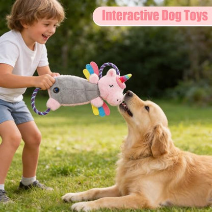 Interactive Squeaky Dog Chew Toy, Tough Plush Dog Toys for Chewers, Small, Medium & Large Dogs, Plush with Double Rope Handles for Tug of War, Mess-Free, Pink - color: Pink