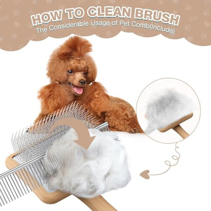 Large Slicker Brush, 2PCS Doodle Grooming Kit with Comb, Natural | With two leather protective covers; ideal for Poodles, Labradoodles; extra long pin; premium wooden handle; removes mats. - color: Natural