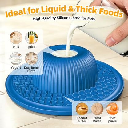 2-in-1 Dog Slow Feeder Bowl & Lick Mat with 2 Rotatable Balls, No-Slip Silicone Anxiety Relief Treat Mat for Dogs & Cats, Dishwasher Safe (Blue)