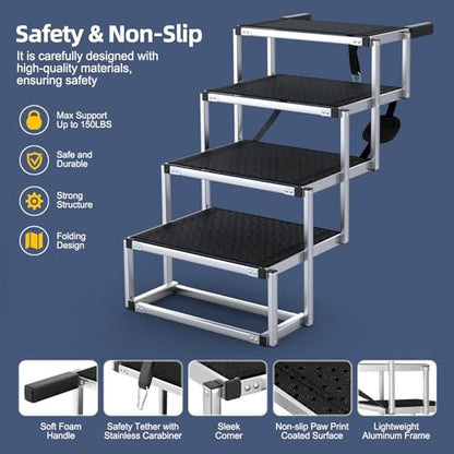 Dog Stairs for Car, Foldable Dog Ramp for Car with Non-Slip Surface, Portable Stairs Aluminum SUV, High Beds, Truck, Supports up to 150 lbs, 4 Steps - size: Standard 4 Steps